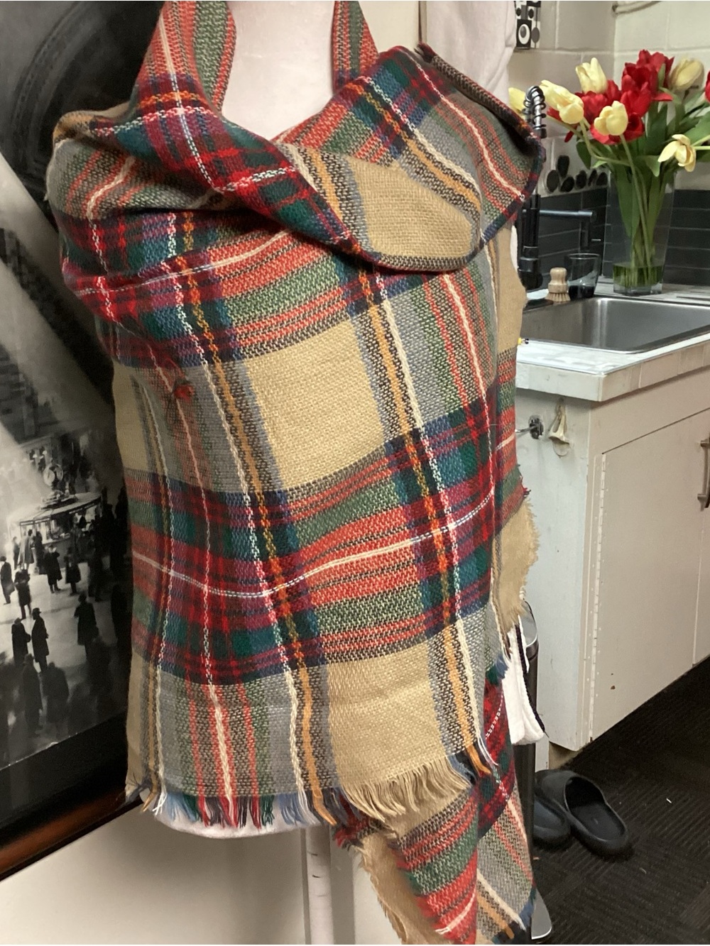 Plaid Cozy Throw Blanket - Beige, Red & Green - Unbranded
